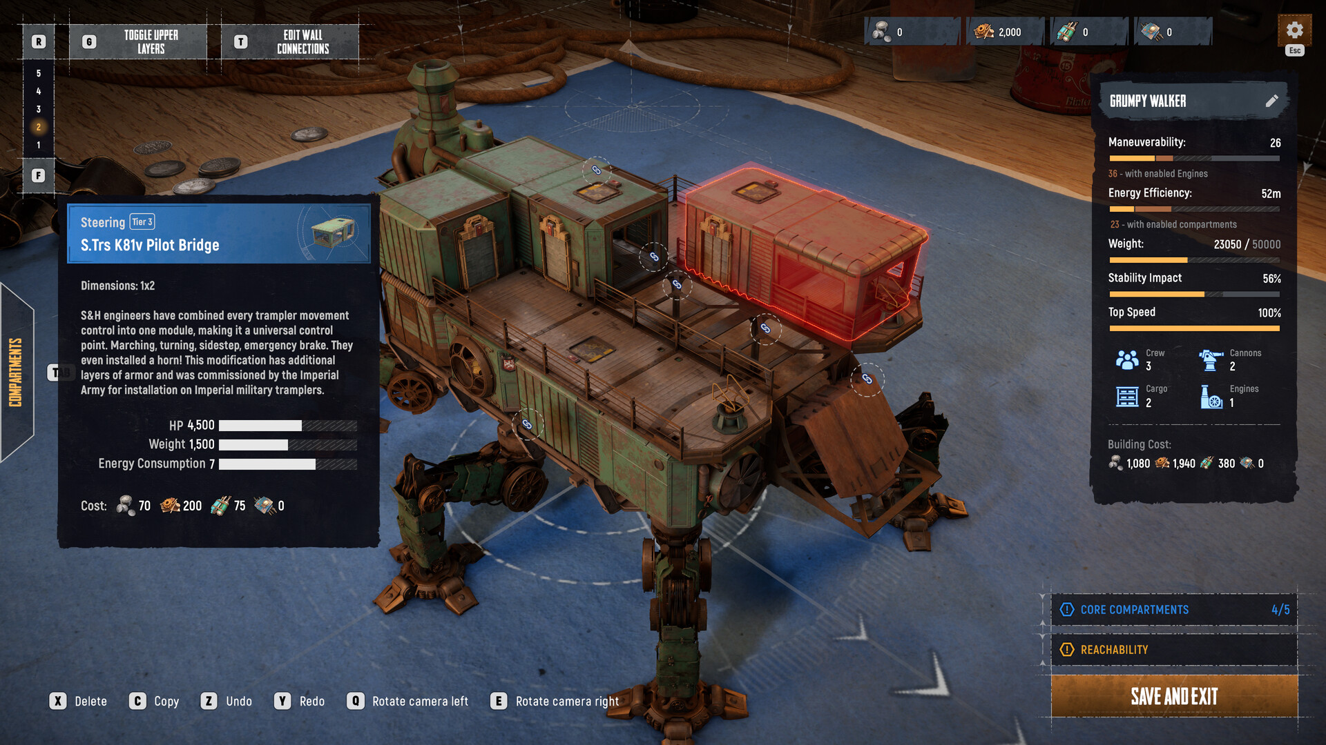 Official SAND Trampler Editor screenshot showing the S.Trs K81v Pilot Bridge and build validation interface