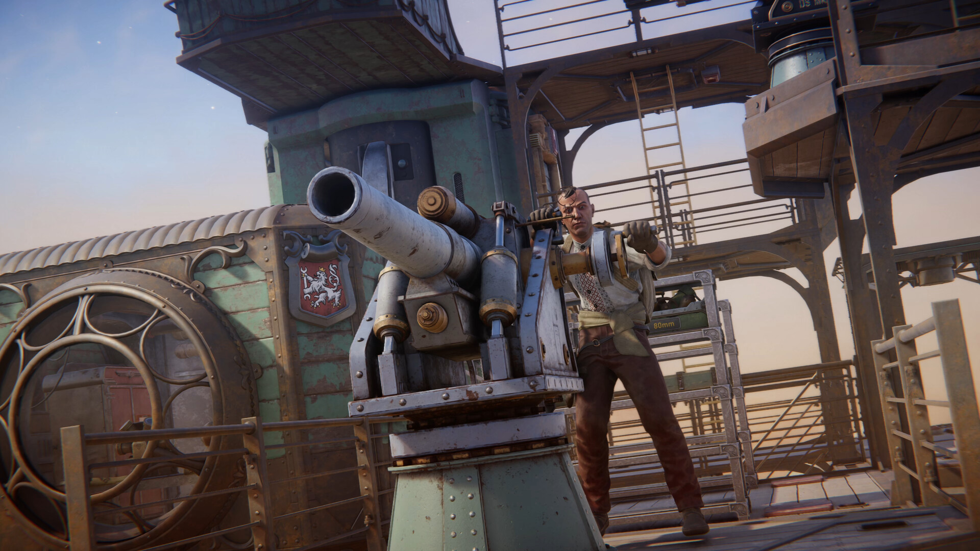 Official SAND promotional screenshot showing an 80mm Trampler cannon and ammunition crates