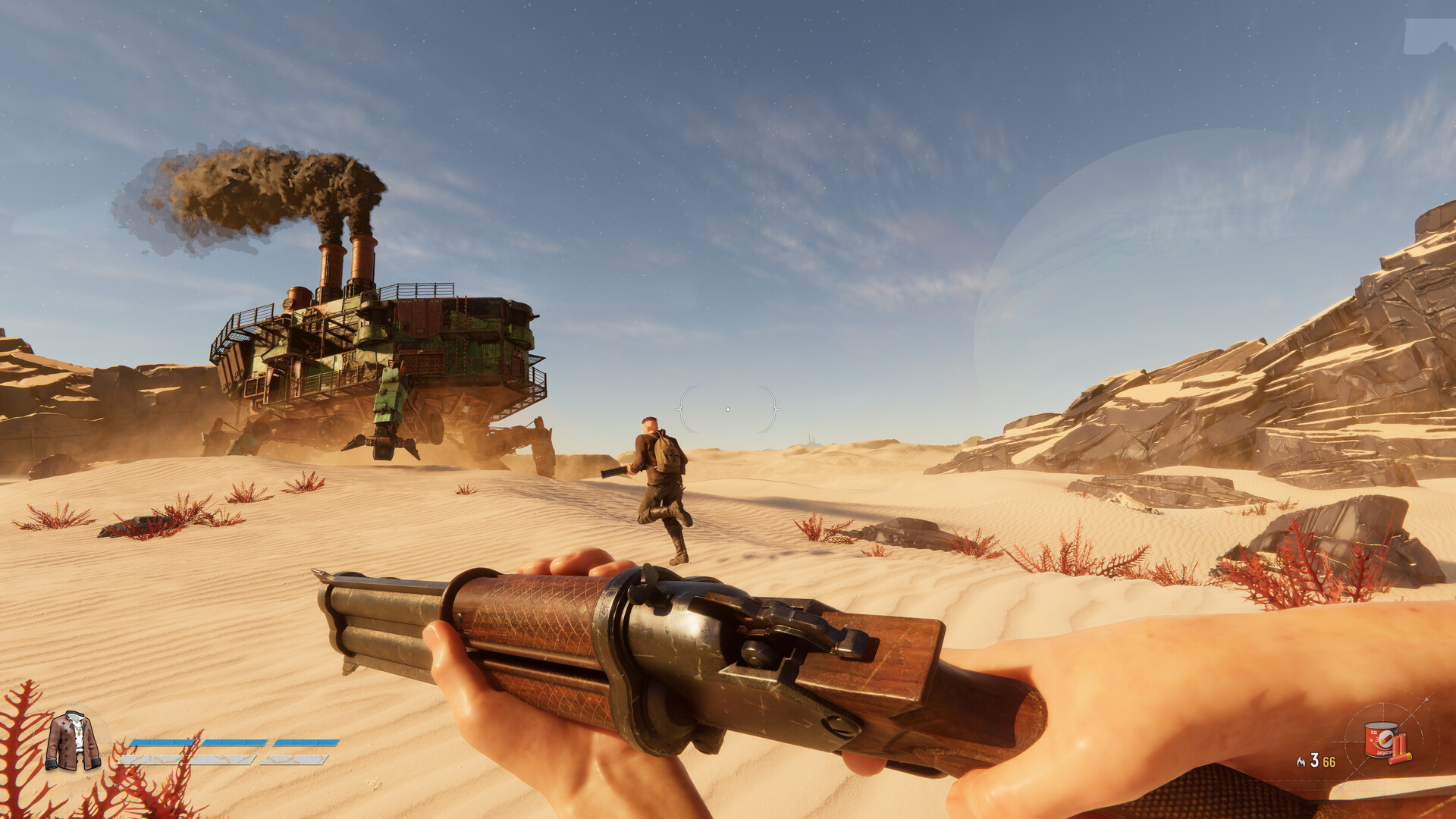 Official SAND screenshot showing two players moving beside a Trampler in open desert
