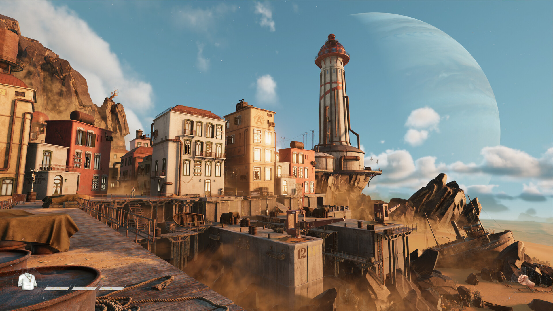 Official SAND screenshot showing a city, lighthouse, shipwreck, and the planet Sophie